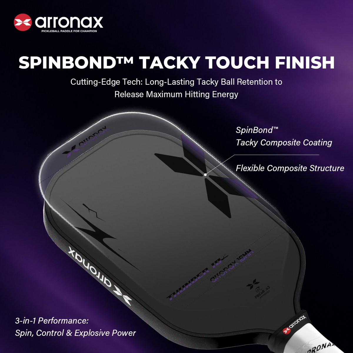 Arronax Thunder 10 SpinSkin 16mm pickleball paddle - detail 5