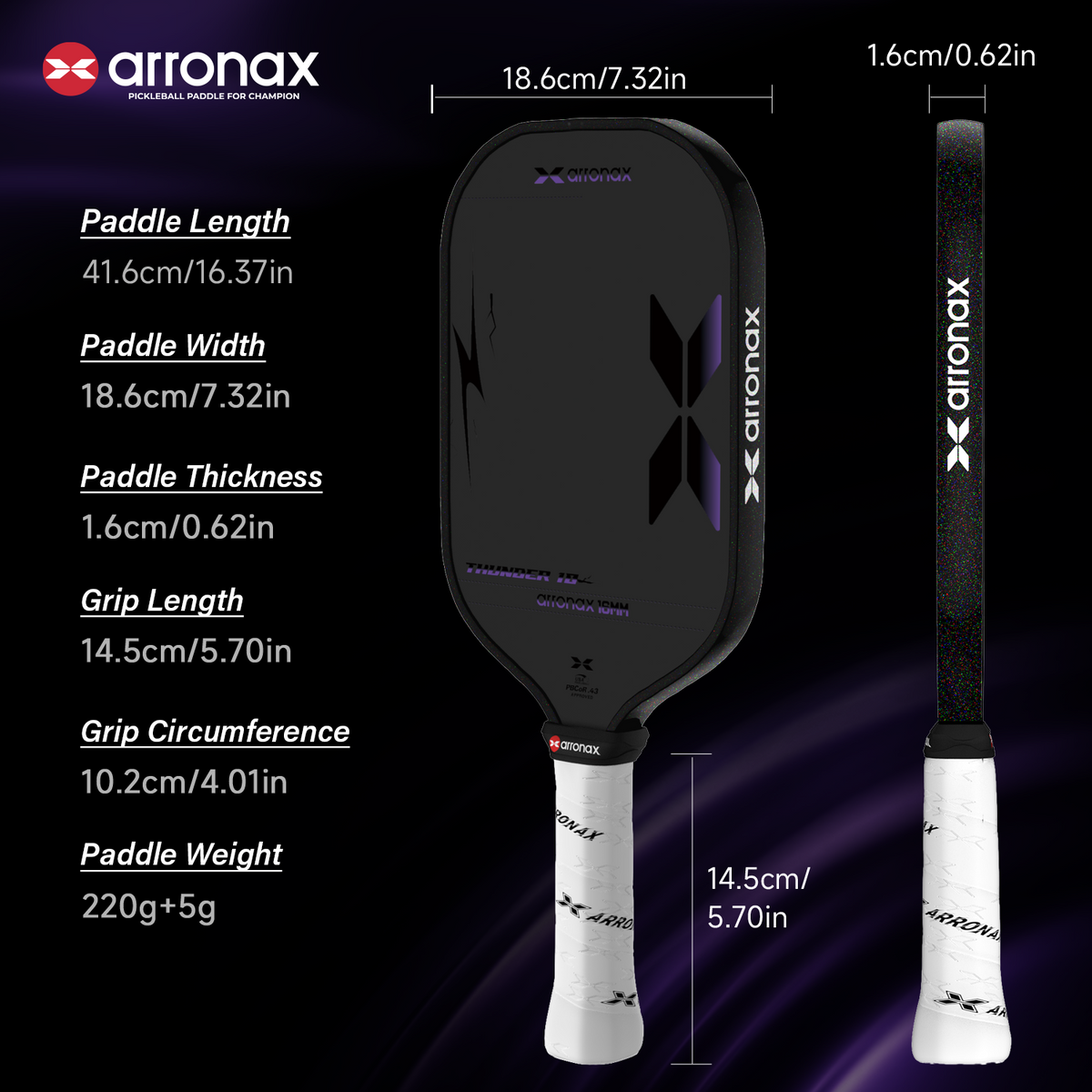Arronax Thunder 10 SpinSkin 16mm pickleball paddle - detail 6